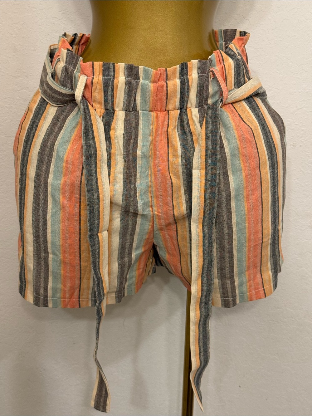 Striped Paperbag Waist Women's Shorts in Coral & Aqua